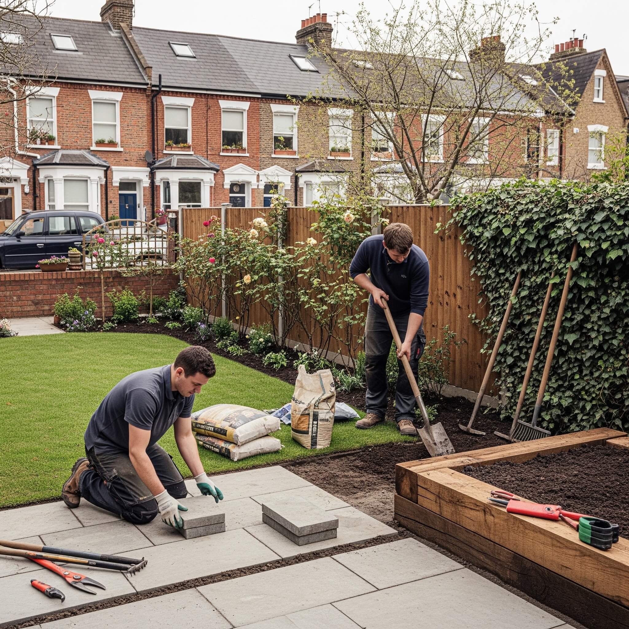 2 gardeners working on a landscaping project in Kingston property